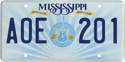 MS license plate AOE201