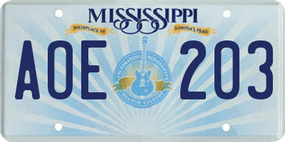 MS license plate AOE203