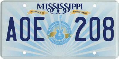 MS license plate AOE208