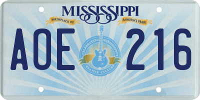 MS license plate AOE216
