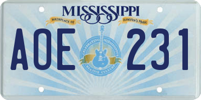 MS license plate AOE231