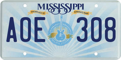 MS license plate AOE308