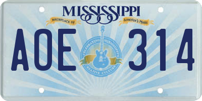MS license plate AOE314