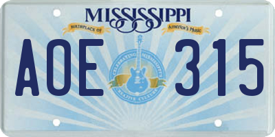 MS license plate AOE315