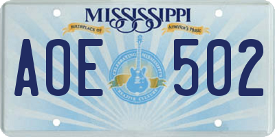 MS license plate AOE502