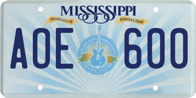 MS license plate AOE600