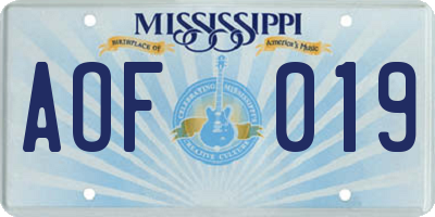 MS license plate AOF019
