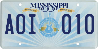 MS license plate AOI010