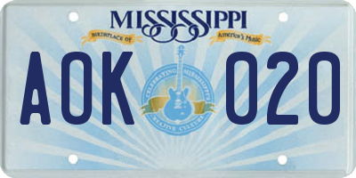 MS license plate AOK020