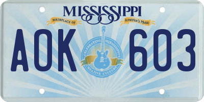 MS license plate AOK603