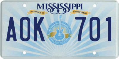 MS license plate AOK701