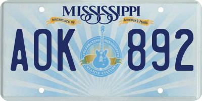 MS license plate AOK892