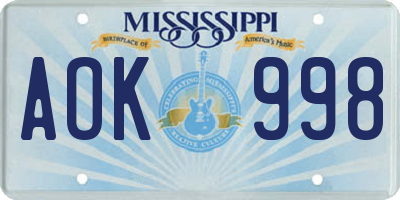 MS license plate AOK998