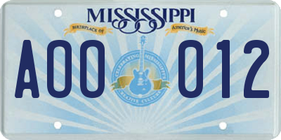 MS license plate AOO012