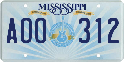 MS license plate AOO312