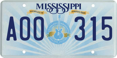 MS license plate AOO315