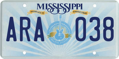 MS license plate ARA038