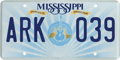 MS license plate ARK039