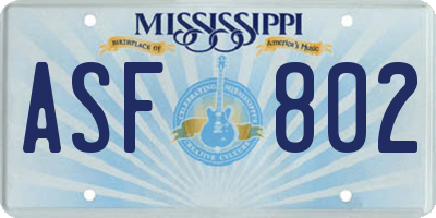 MS license plate ASF802