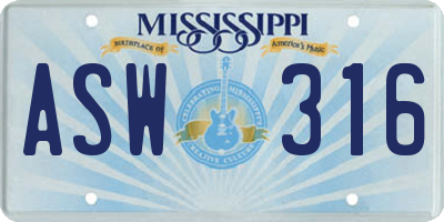 MS license plate ASW316