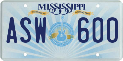MS license plate ASW600