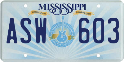 MS license plate ASW603