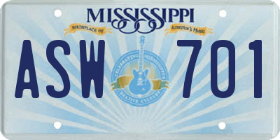 MS license plate ASW701