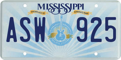 MS license plate ASW925