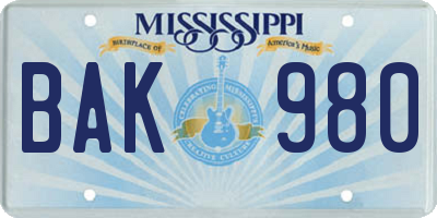 MS license plate BAK980