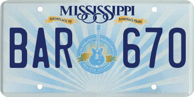 MS license plate BAR670