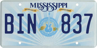 MS license plate BIN837