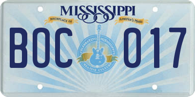 MS license plate BOC017