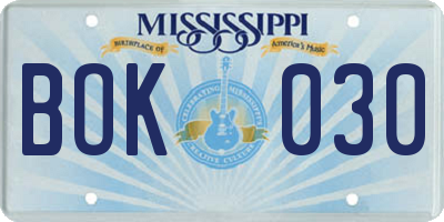 MS license plate BOK030