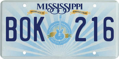 MS license plate BOK216