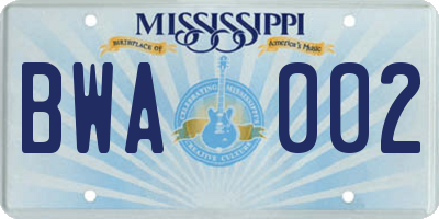 MS license plate BWA002