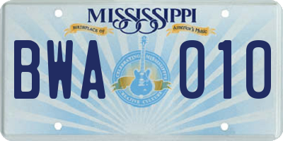 MS license plate BWA010