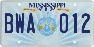 MS license plate BWA012