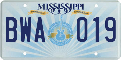 MS license plate BWA019