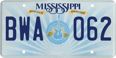 MS license plate BWA062