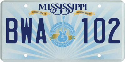 MS license plate BWA102