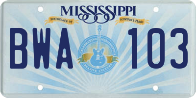 MS license plate BWA103