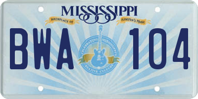MS license plate BWA104
