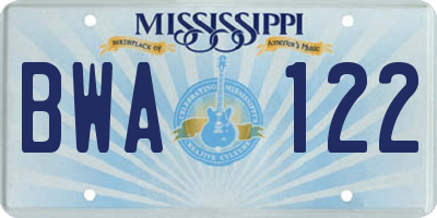 MS license plate BWA122