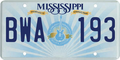MS license plate BWA193