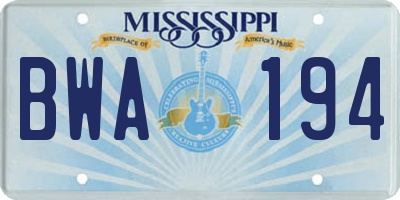 MS license plate BWA194