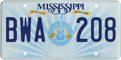MS license plate BWA208