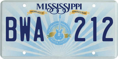 MS license plate BWA212