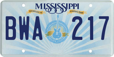 MS license plate BWA217