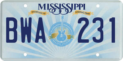 MS license plate BWA231