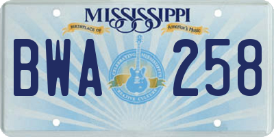 MS license plate BWA258